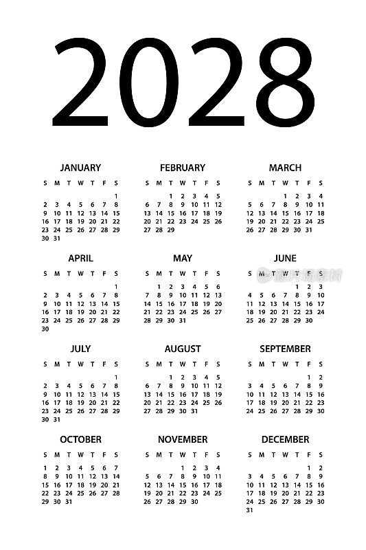 日历2028 -简单布局插图。一周从周日开始。日历设定为2028年